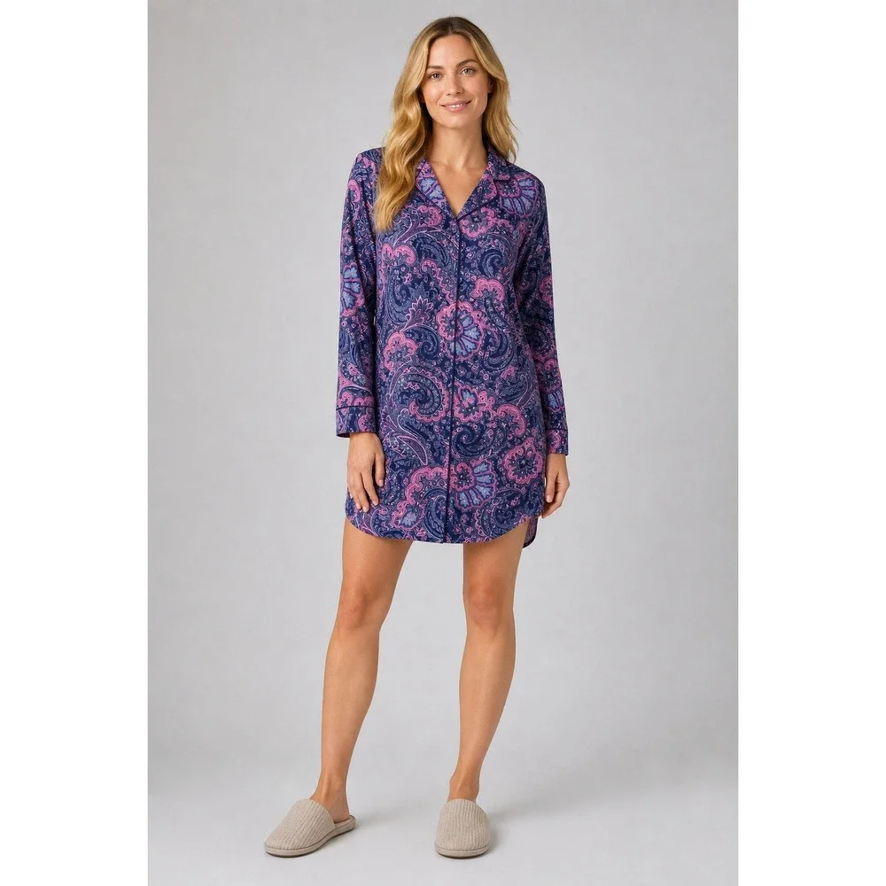 Lauren Ralph Lauren Sleep Shirt Womens L Blue Pink Paisley Cotton Button Front